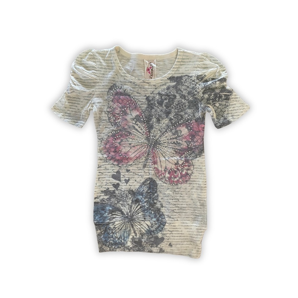 Butterfly Rhinestone Puffed Sleeve Striped Graphic Top Size M (10/12)